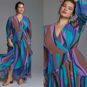 Anthropologie Balloon Sleeve Flowy Maxi Wrap Dress